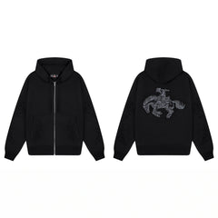 Derschutze Cowboy & Horse Embroidery Zip-Up Hoodie - Black