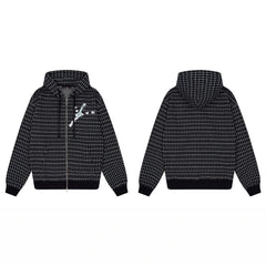 Derschutze Grid Pattern Print Zip-Up Hoodie - Black