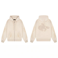 Derschutze Ornate Vine & Floral Embroidery Zip-Up Hoodie - Cream