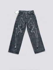 Thug Club Frayed Flare Graphic Black Washed Jeans, Y2K Gothic Wide Leg Denim Pants