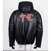 Thug Club Black Hooded Faux Leather Jacket Red Star Moon Logo, Unisex