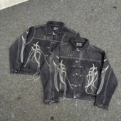 Thug Club Spider Web Fringe Embroidery Cropped Denim Jacket, Y2K Gothic Distressed Black Jean Coat