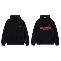 Fog Essentials Black Fleece‑Lined Oversized Pullover Hoodie Bright Red Chest Logo Print