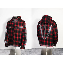 Thug Club Red Plaid Hooded Zip Jacket, Y2K Gothic Swords Print Wool Blend Oversized Coat