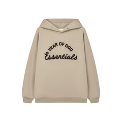 Fog Essentials Minimalist Embroidered Light Khaki Drop‑Shoulder Hooded Sweatshirt