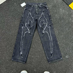 Thug Club Frayed Flare Graphic Black Washed Jeans, Y2K Gothic Wide Leg Denim Pants