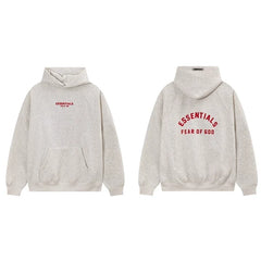 Fog Essentials Oatmeal Cream Fleece‑Lined Oversized Pullover Hoodie Arch Red Logo