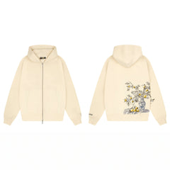 Derschutze Still Life Floral Vase Embroidery Zip-Up Hoodie - Cream