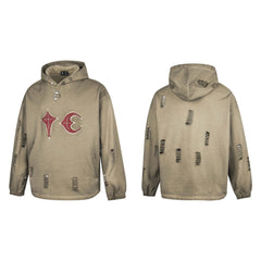 Thug Club Khaki Vintage Washed Distressed Star Moon Embroidery Oversized Hoodie, Unisex