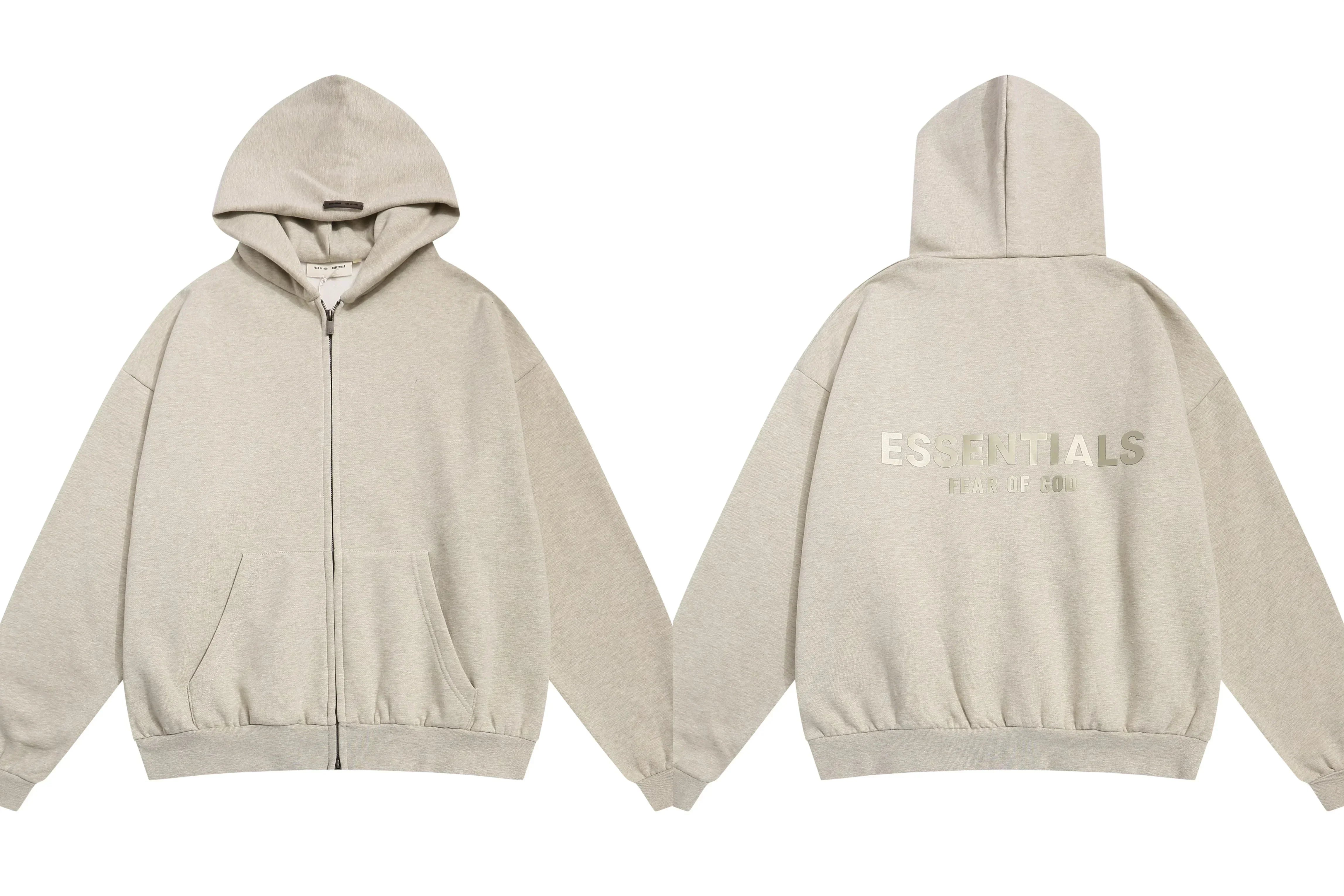 Fog Essentials Heather Oatmeal Zip‑Up Hoodie, Gold‑Tone Back Logo Oversized Outerwear