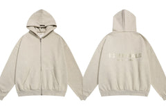 Fog Essentials Heather Oatmeal Zip‑Up Hoodie, Gold‑Tone Back Logo Oversized Outerwear
