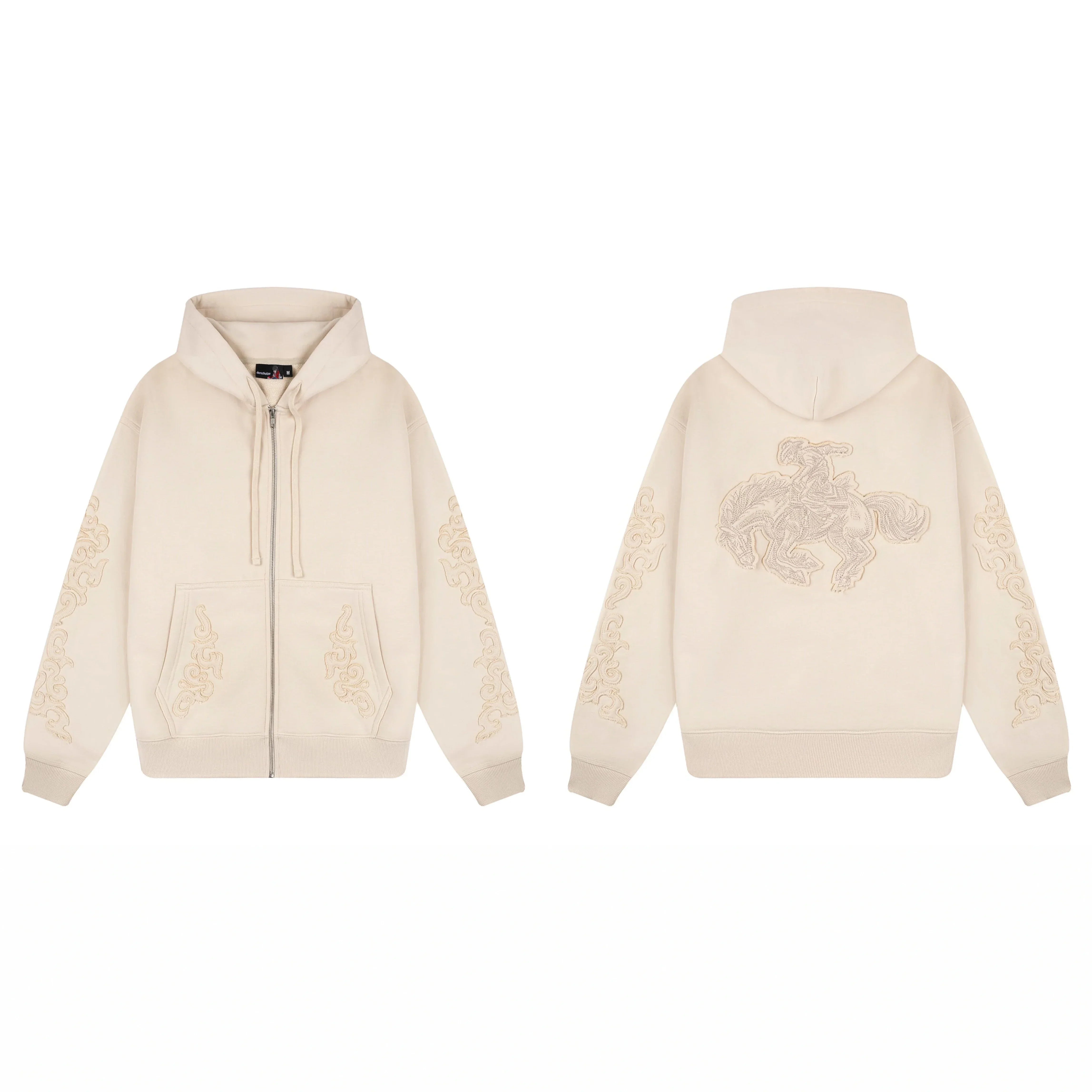 Derschutze Ornate Vine & Floral Embroidery Zip-Up Hoodie - Cream