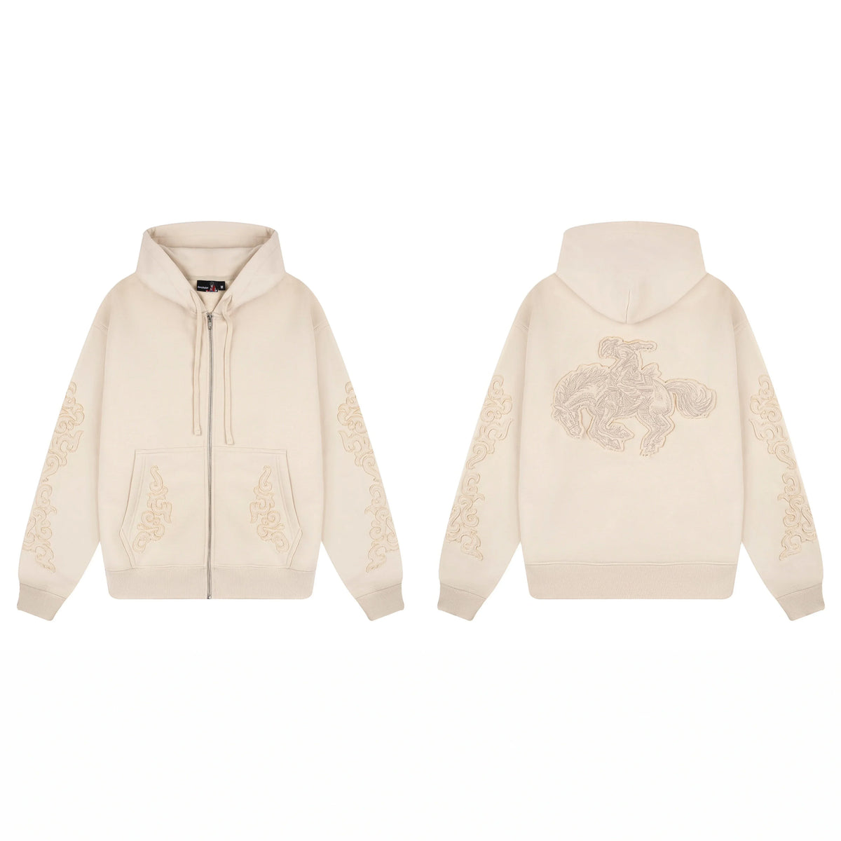Derschutze Ornate Vine & Floral Embroidery Zip-Up Hoodie - Cream