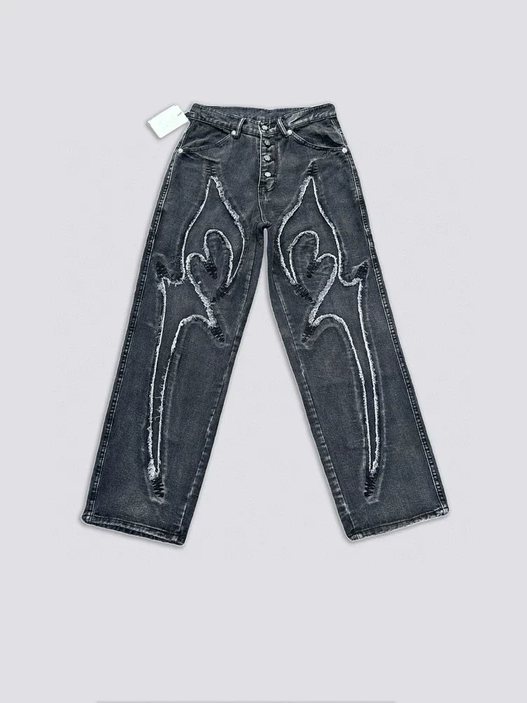 Thug Club Frayed Flare Graphic Black Washed Jeans, Y2K Gothic Wide Leg Denim Pants