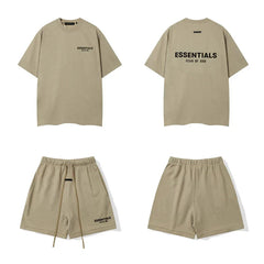 Fog Essentials Khaki Oversized T‑Shirt And Drawstring Shorts Hip‑Hop 2‑Piece Streetwear Suit