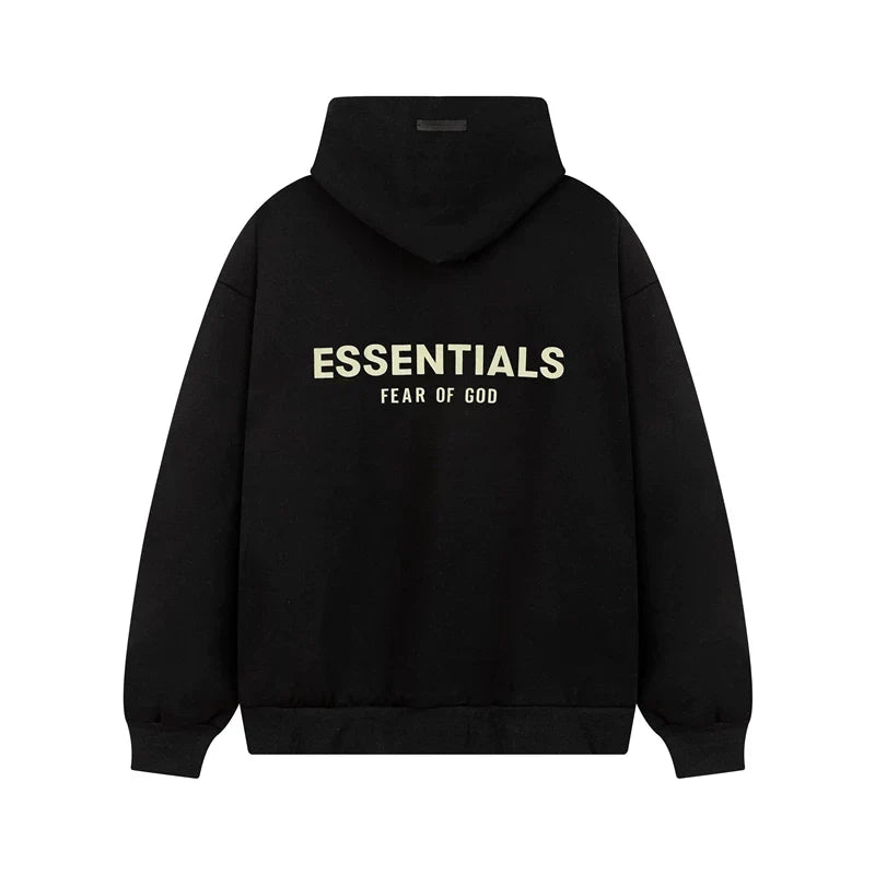 Fog Essentials Cream‑Logo Black Oversized Drop‑Shoulder Pullover Hoodie