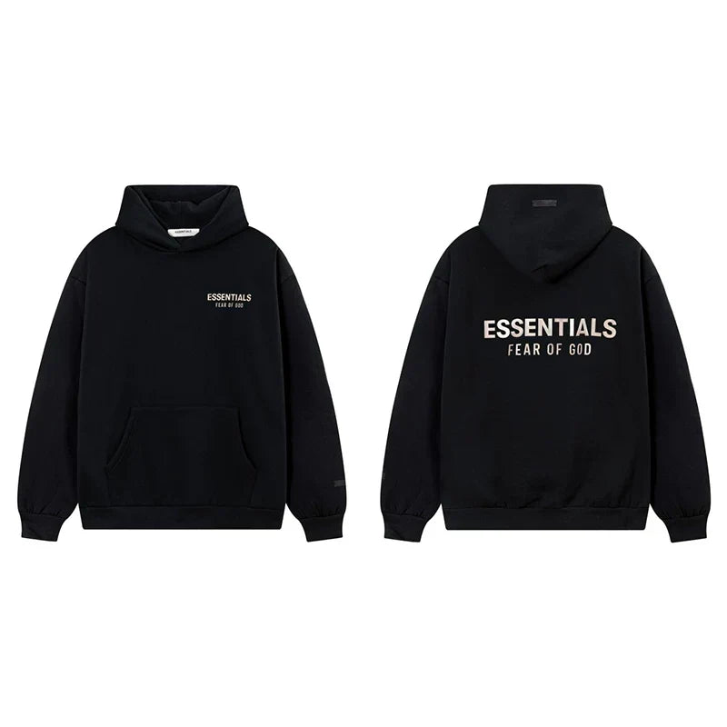Fog Essentials Black Fleece‑Lined Oversized Pullover Hoodie Chest Logo