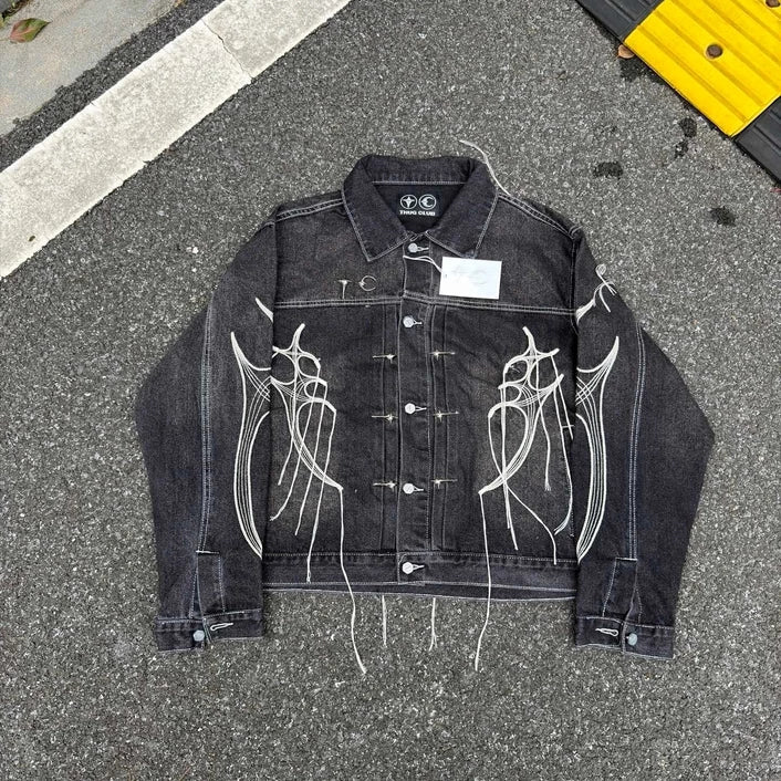 Thug Club Spider Web Fringe Embroidery Cropped Denim Jacket, Y2K Gothic Distressed Black Jean Coat