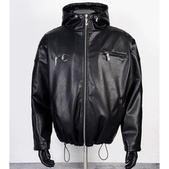 Thug Club Black Hooded Faux Leather Jacket White Star Moon Logo, Unisex