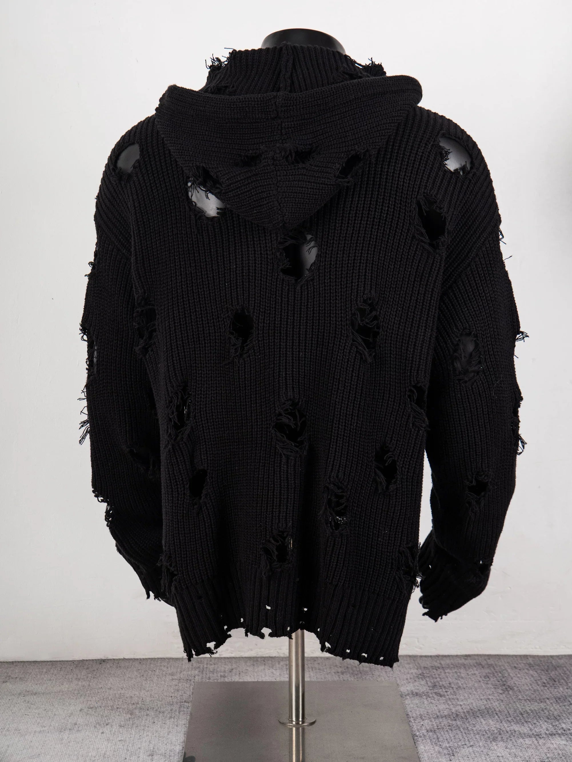 Thug Club Distressed Ripped Knit Zip Up Hooded Cardigan, Y2K Grunge Oversized Sweater Jacket