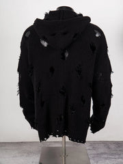 Thug Club Distressed Ripped Knit Zip Up Hooded Cardigan, Y2K Grunge Oversized Sweater Jacket