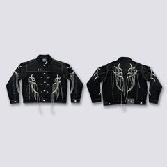 Thug Club Spider Web Fringe Embroidery Cropped Denim Jacket, Y2K Gothic Distressed Black Jean Coat