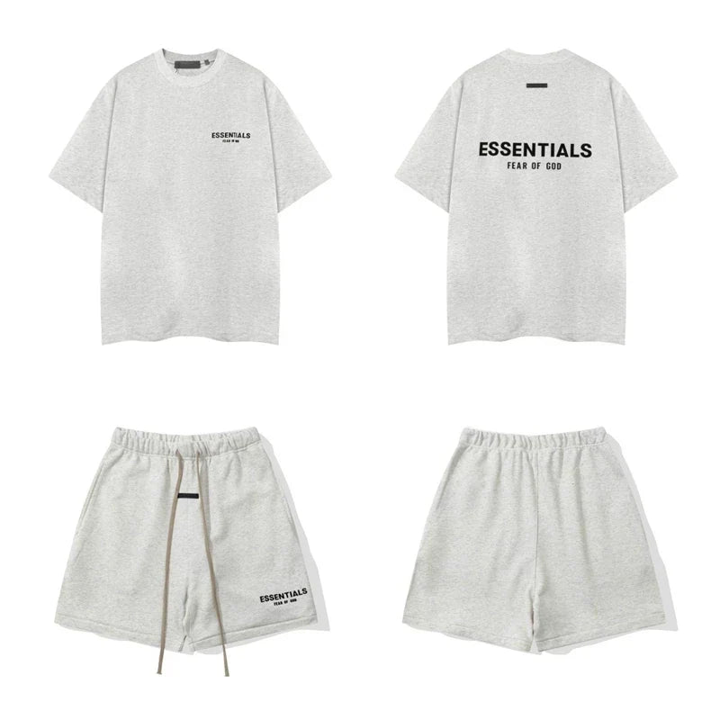 Fog Essentials Off‑White Letter Print Matching Set Oversized T‑Shirt & Elastic Shorts Casual Streetwear 2‑Piece Suit