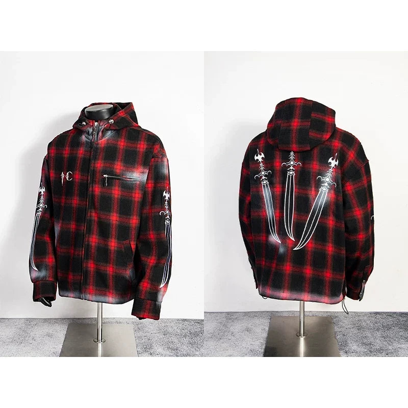 Thug Club Red Plaid Hooded Zip Jacket, Y2K Gothic Swords Print Wool Blend Oversized Coat