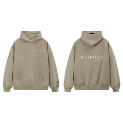 Fog Essentials Khaki Taupe Fleece‑Lined Oversized Pullover Hoodie Chest Logo Print