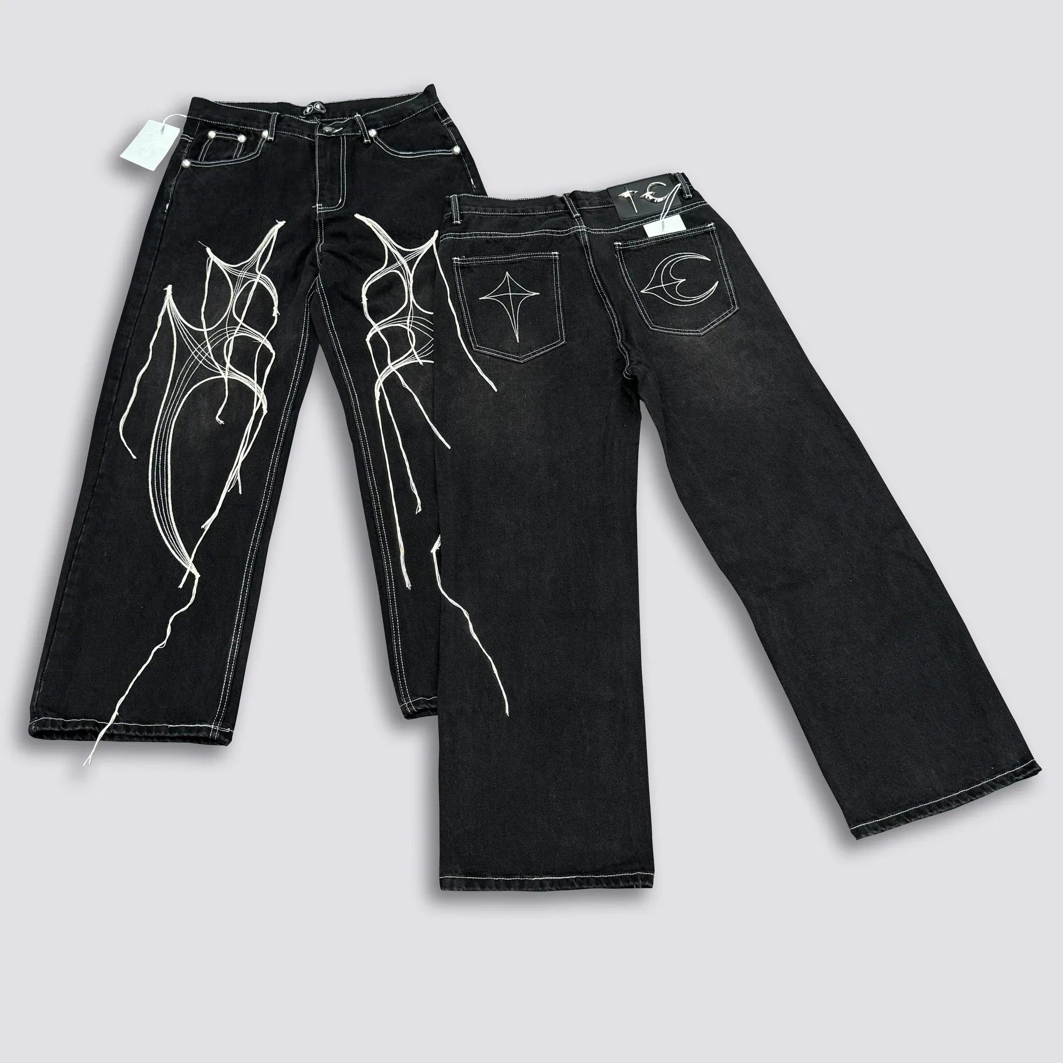 Thug Club Abstract Line Embroidery Black Wide Leg Jeans, Y2K Gothic Baggy Denim Pants