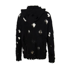 Thug Club Distressed Ripped Knit Zip Up Hooded Cardigan, Y2K Grunge Oversized Sweater Jacket