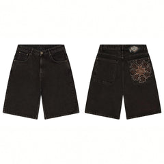Derschutze Geometric Star Embroidery Denim Shorts - Black