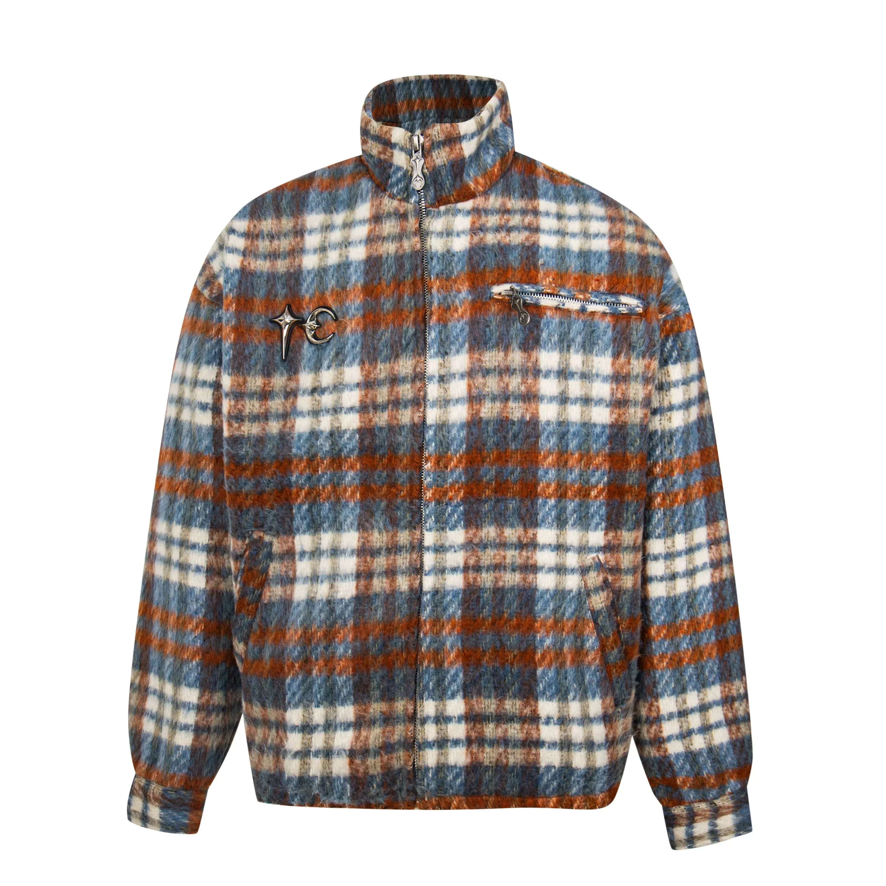 Thug Club Blue Brown Plaid Wool Blend Zip Jacket, Unisex