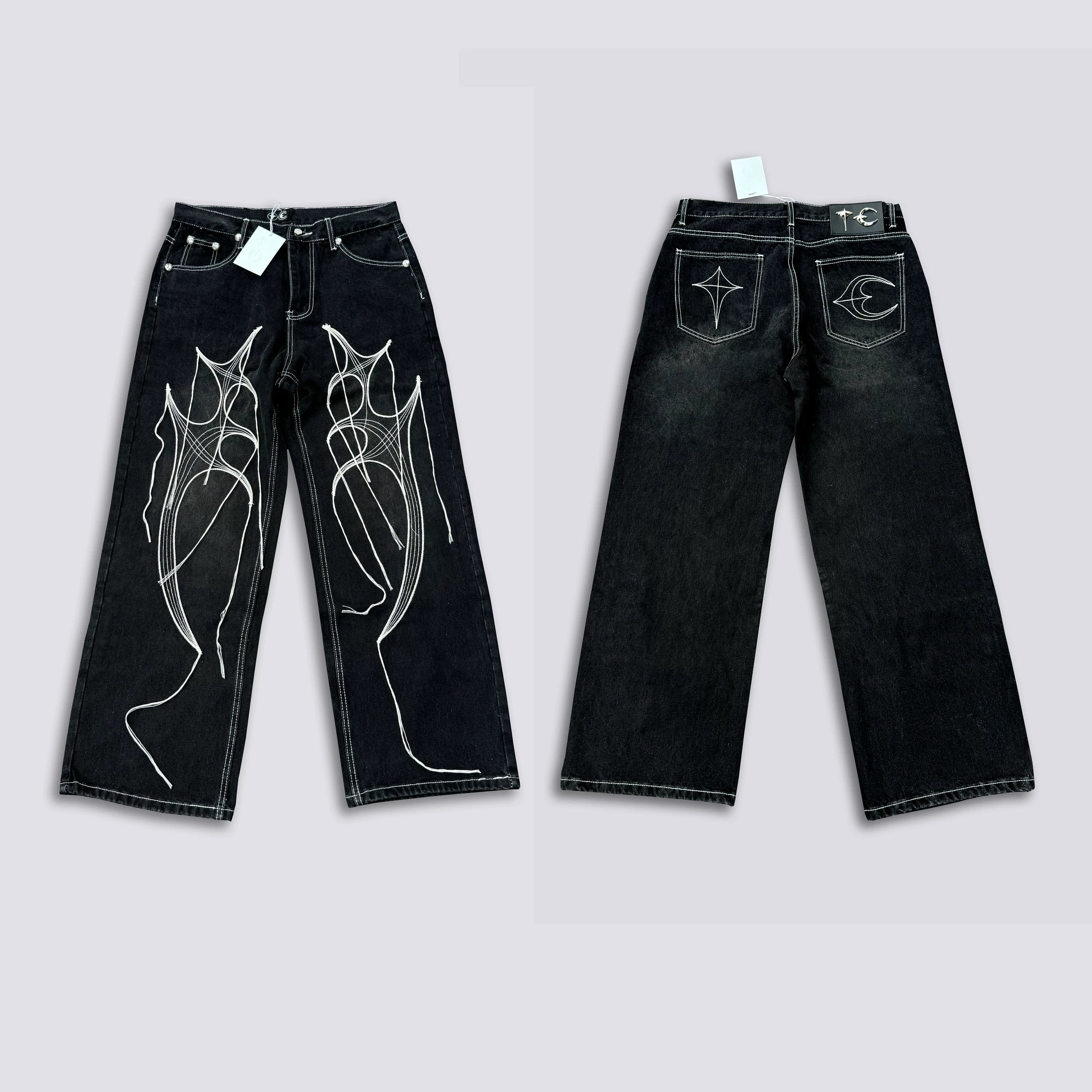 Thug Club Abstract Line Embroidery Black Wide Leg Jeans, Y2K Gothic Baggy Denim Pants