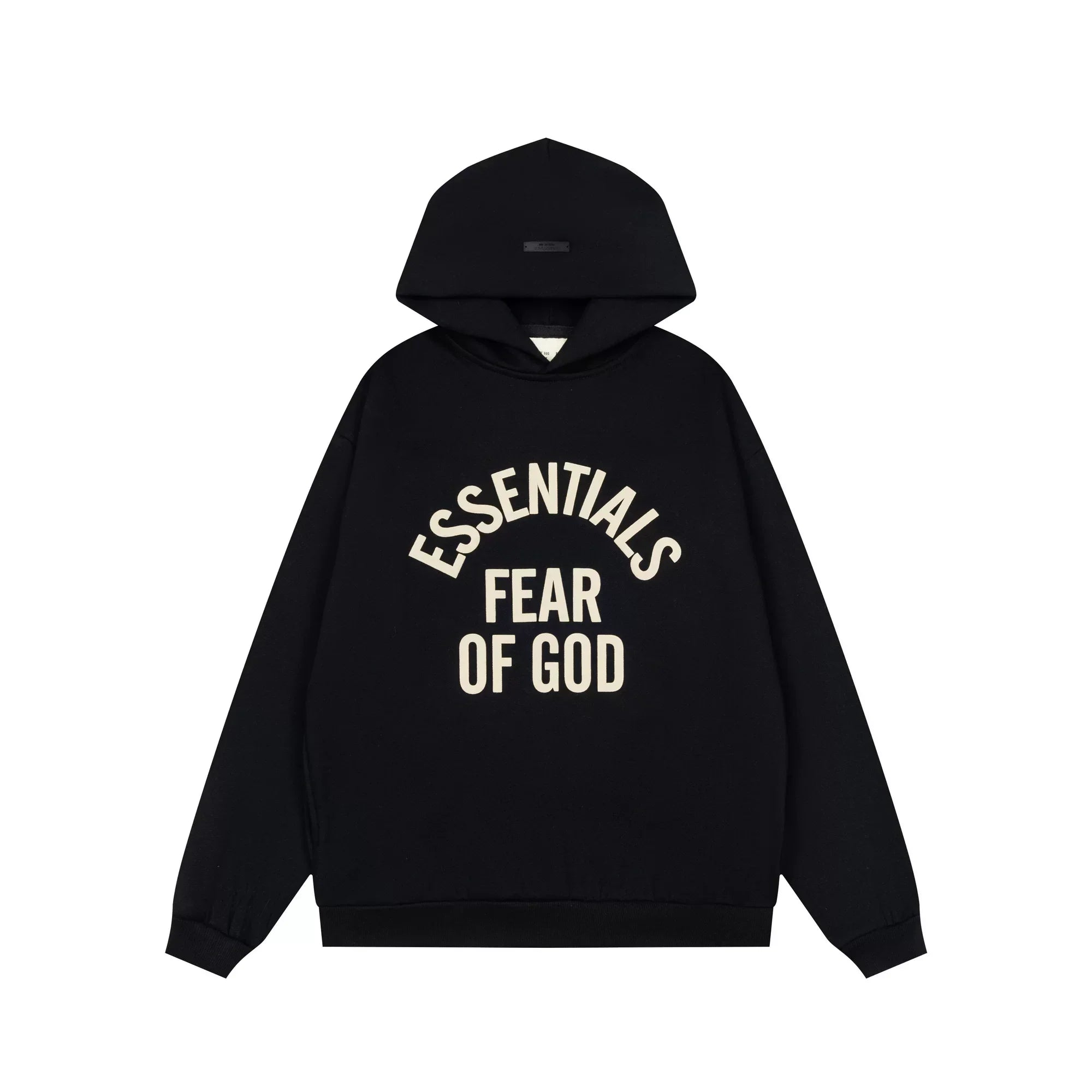 Fog Essentials Black Oversized Hoodie Contrast Cream‑Color Arch‑Logo Pullover Top