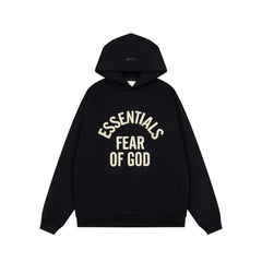 Fog Essentials Black Oversized Hoodie Contrast Cream‑Color Arch‑Logo Pullover Top