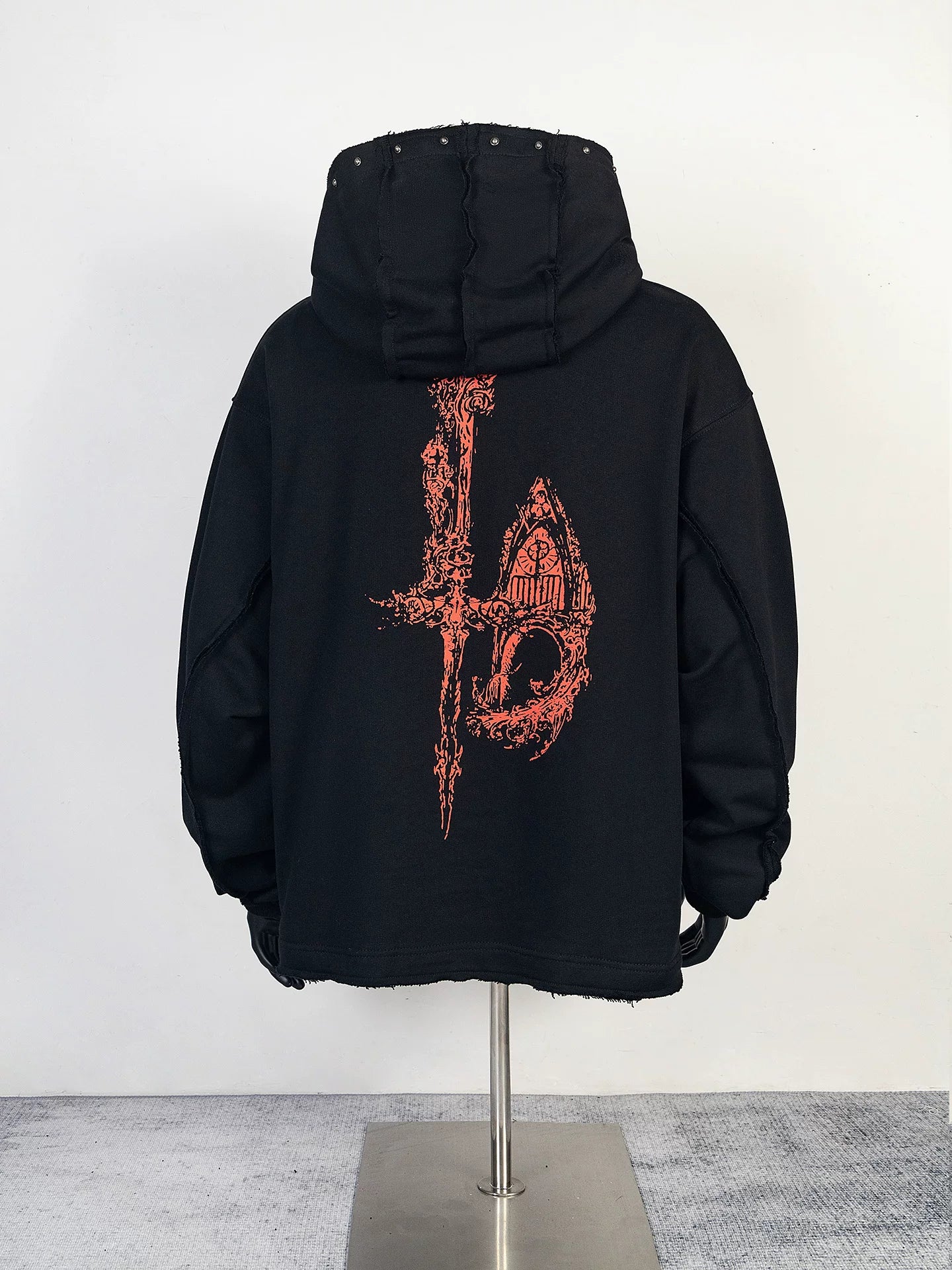 Thug Club Black Red Dragon Graphic Raw Edge Oversized Hoodie, Unisex