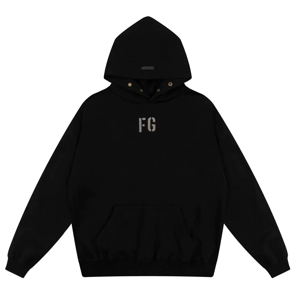 Fog Essentials Black Minimal FG Chest Logo Loose‑Fit Pullover Hoodie