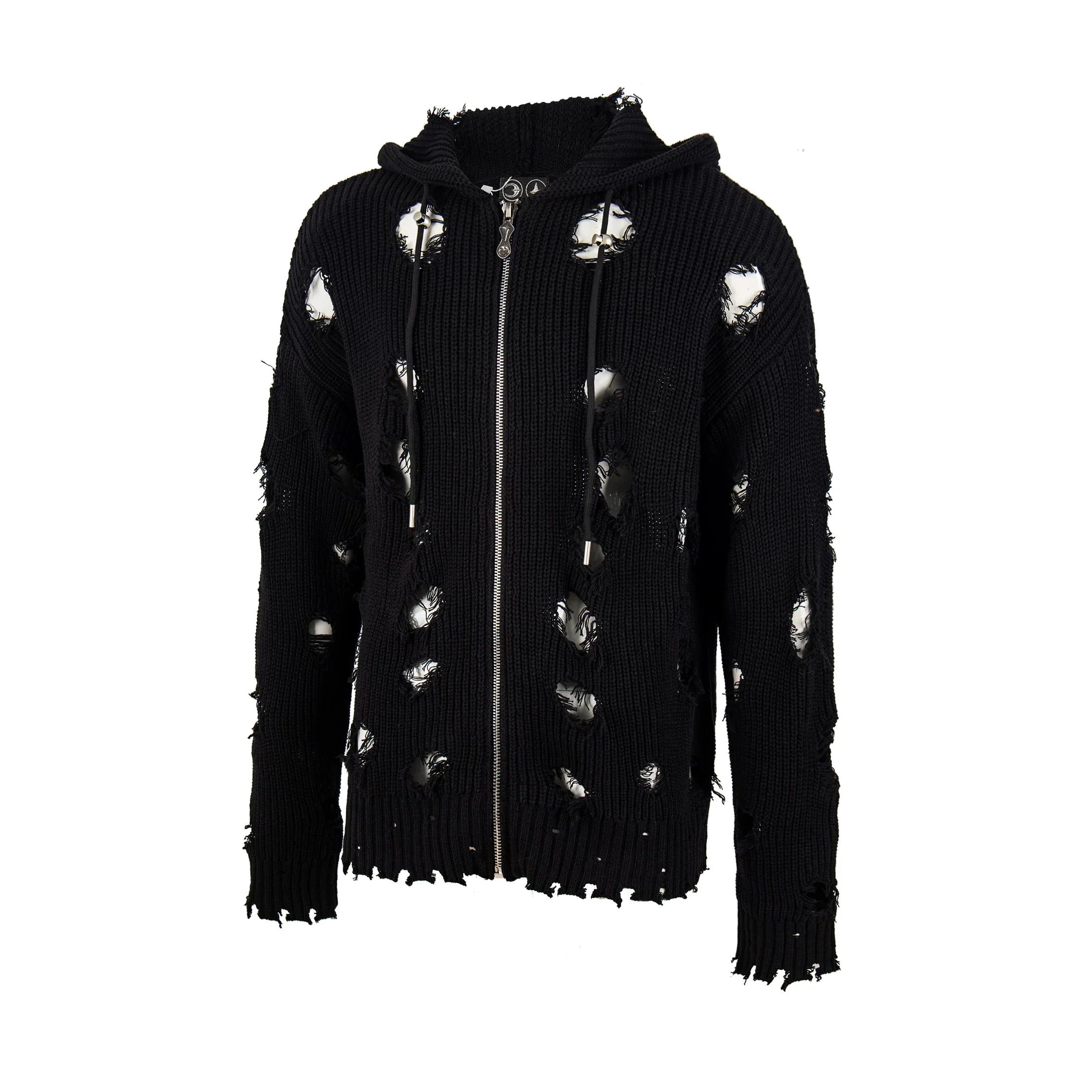 Thug Club Distressed Ripped Knit Zip Up Hooded Cardigan, Y2K Grunge Oversized Sweater Jacket