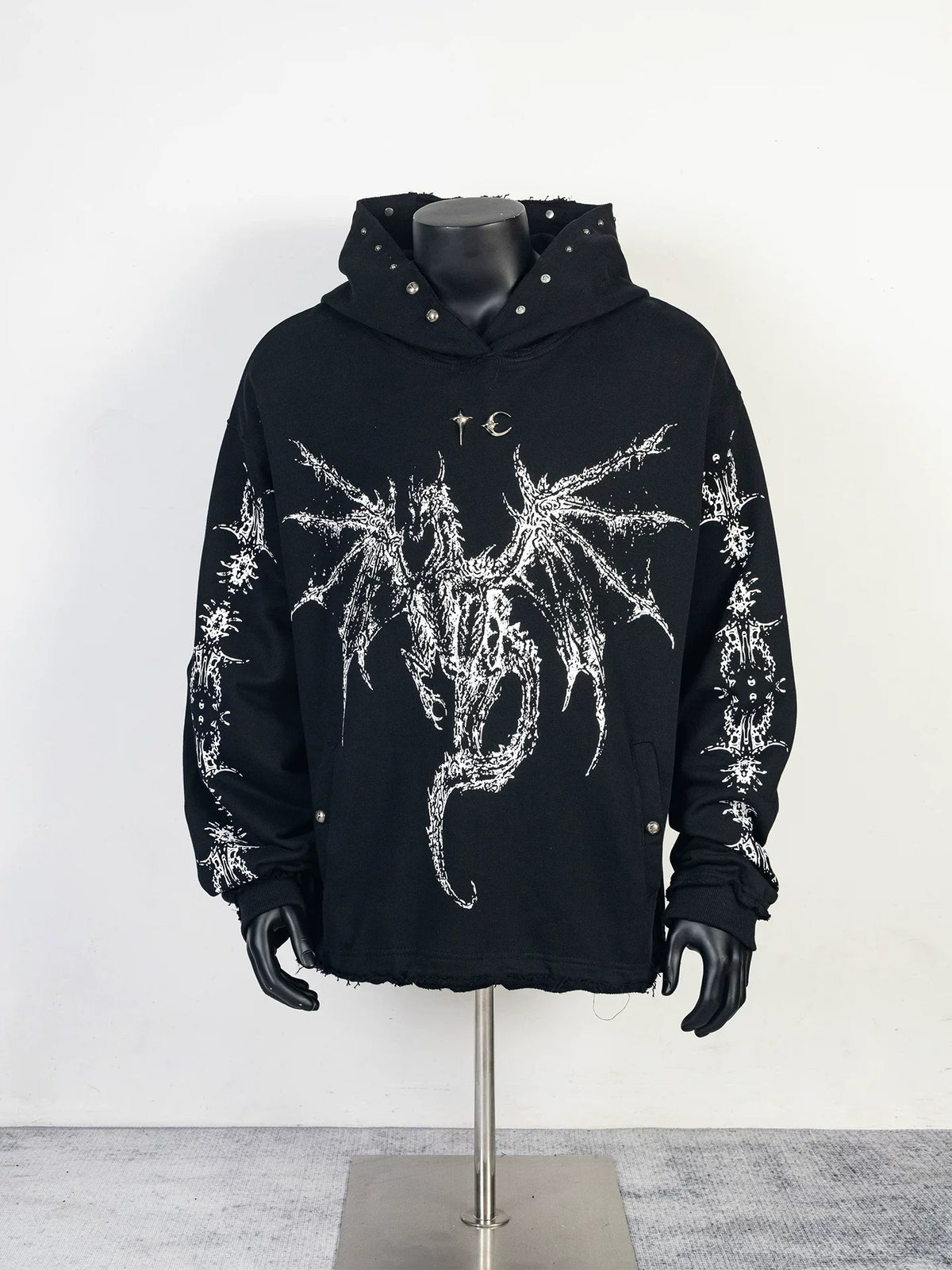 Thug Club Black Dragon Graphic Raw Edge Oversized Hoodie, Unisex