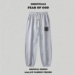 Fog Essentials Light Grey Fleece‑Lined Jogger Pants Black 3‑Strip Print Winter Casual Sweatpants