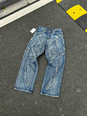 Thug Club Frayed Heart Applique Blue Washed Wide Leg Jeans, Y2K Gothic Baggy Denim Pants