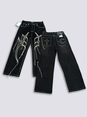 Thug Club Spider Web Fringe Embroidery Wide Leg Black Jeans, Y2K Gothic Baggy Denim Pants