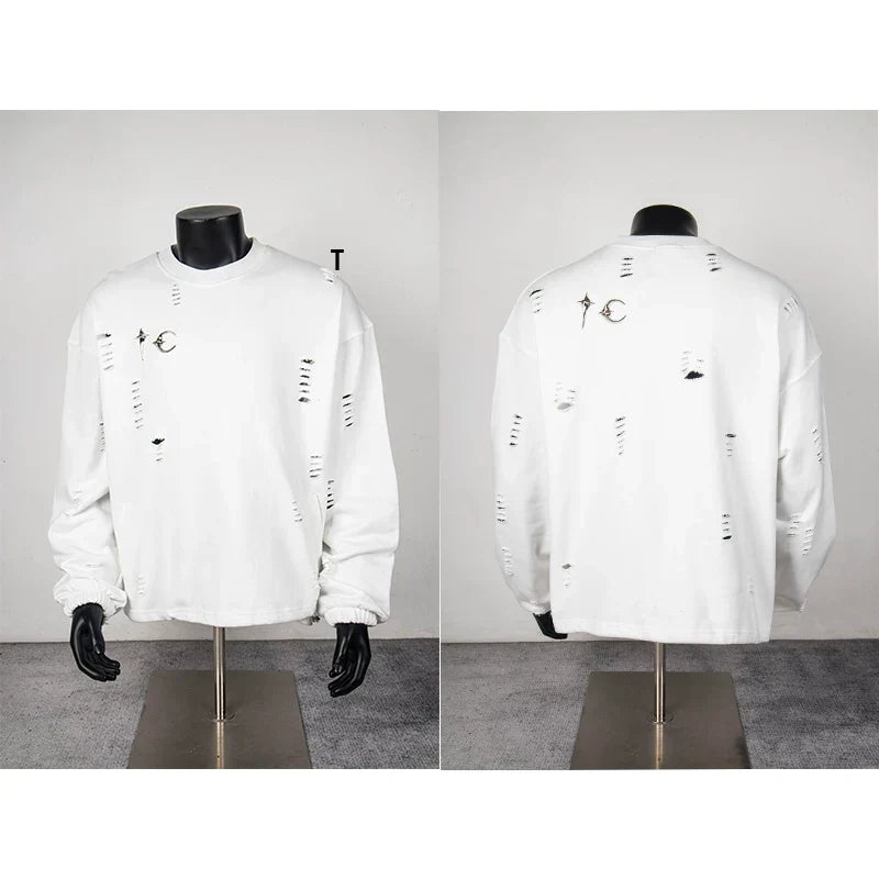 Thug Club White Distressed Ripped Crewneck Sweatshirt, Unisex