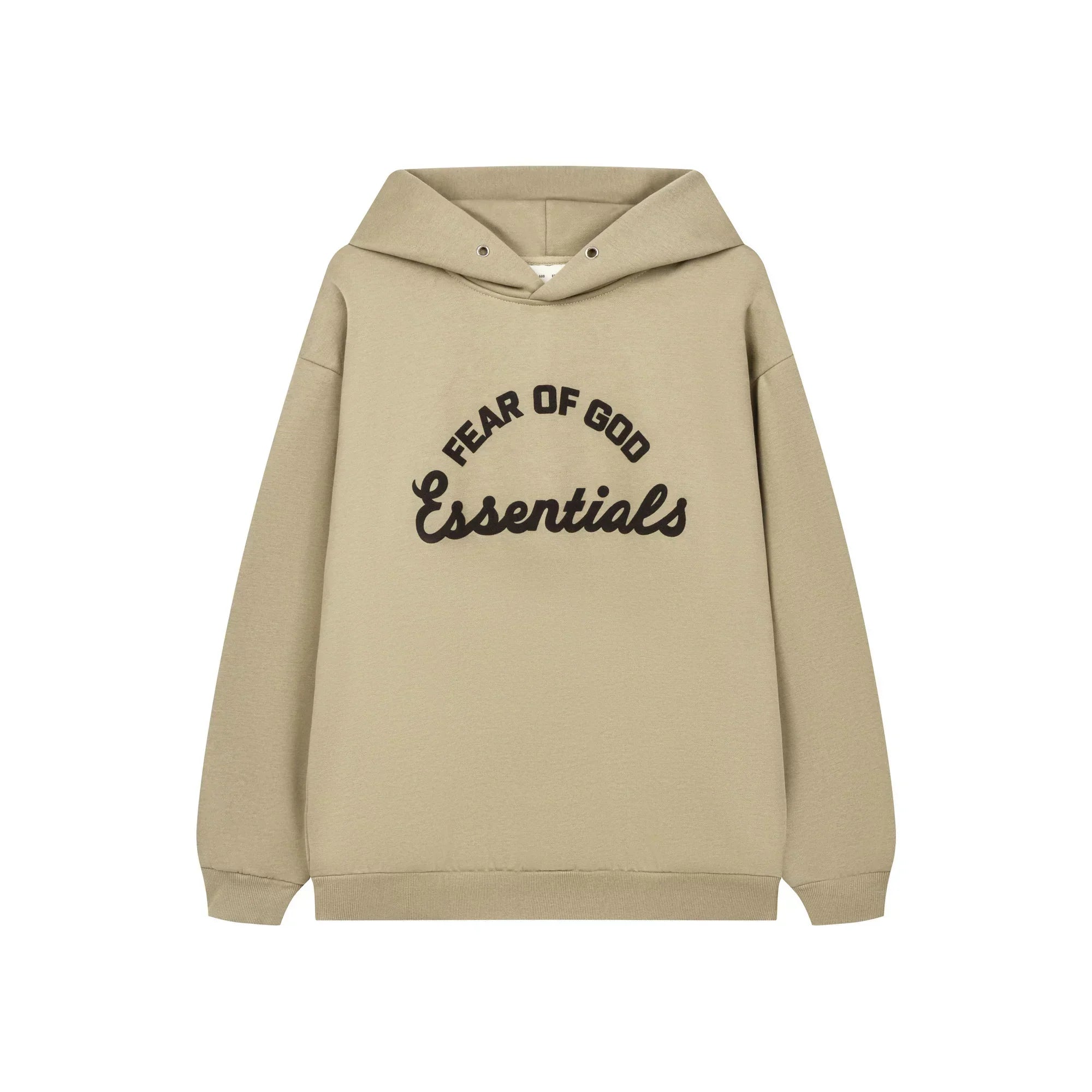 Fog Essentials Warm Neutral‑Tone Tan Loose‑Fit Pullover Hoodie With Chest Embroidery
