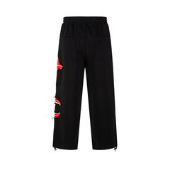 Thug Club Red Patch Distressed Wide Leg Sweatpants, Y2K Gothic Drawstring Streetwear Trousers