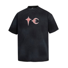 Thug Club Vintage Washed Black Red Star Moon Graphic Oversized T-Shirt, Unisex