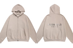 Fog Essentials Light Taupe Zip‑Up Hoodie, Metallic Silver Back Logo Oversized Street Jacket