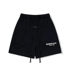 Fog Essentials Black Elastic Waist Drawstring White Logo Print Casual Street‑Wear Sweat Shorts