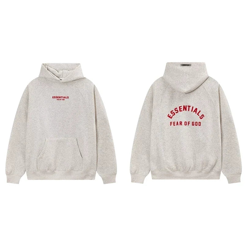 Fog Essentials Oatmeal Cream Fleece‑Lined Oversized Pullover Hoodie Arch Red Logo